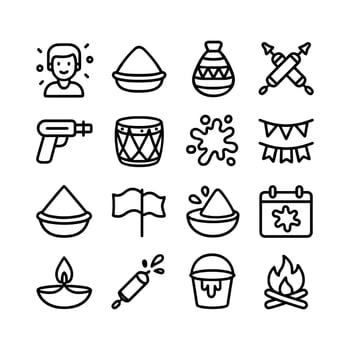 Minimalist Outline Pictogram Set Celebration Party Holi Festival Event Decoration vector