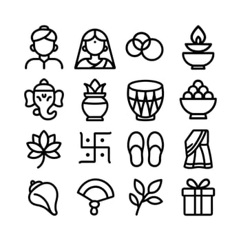 Minimalist Line Drawing Hindu Wedding Ceremony Elements Icon Set Design vector