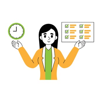 Illustration of a woman completing work on time. Illustration of a women with time management vector