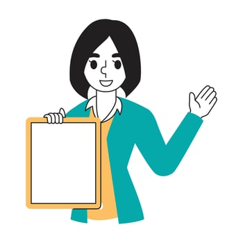 Illustration of a business woman holding a whiteboard and raising her hand vector