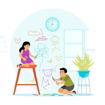 Kids drawing on a wall together vector