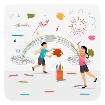 Children drawing colorful art on wall vector