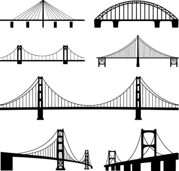 Collection of black silhouette bridge designs on white background suspension bridge cable-stayed bridge vector