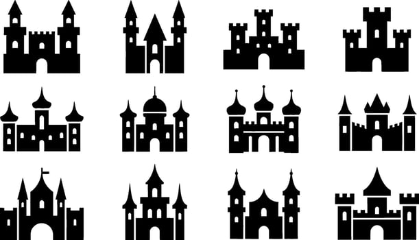 Collection of twelve black silhouette castle icons on white background medieval fortress vector