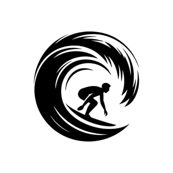 Black silhouette of a surfer riding a wave in a circular design surfing ocean vector