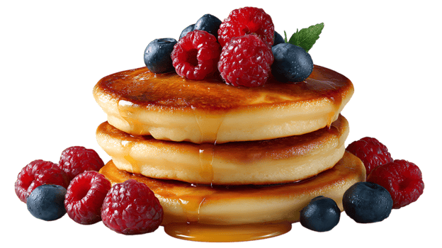 Stack of fluffy pancakes with fresh berries isolated on transparent background png
