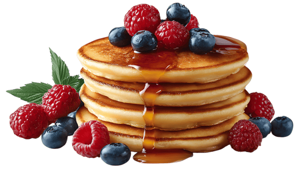 Stack of delicious pancakes with berries and syrup isolated on transparent background png