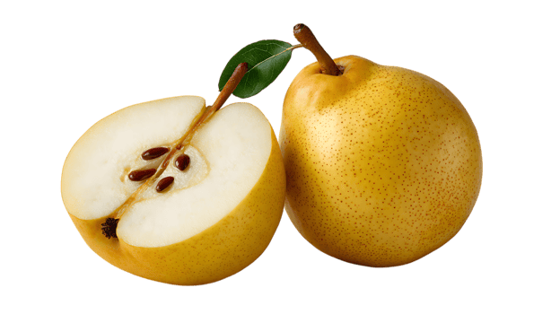 Two yellow pears one halved isolated on transparent background png