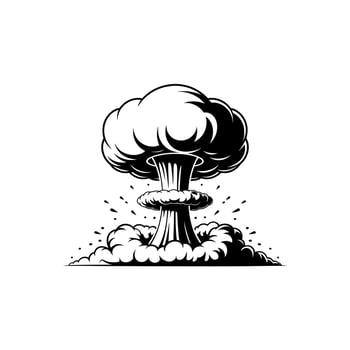 Black and white illustration of a mushroom cloud explosion bomb blast vector