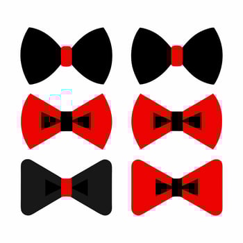 Red and Black Bow Tie Icons Formal Wear Accessory Set, Flat Design Symbol for Fashion, Party, Celebration, Elegant Outfit, Tuxedo Style, Gentleman Look, Isolated on White Background vector