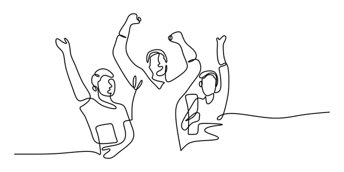 Single Line Art Young Person. Raising Hand Excitement Celebration Joy. vector