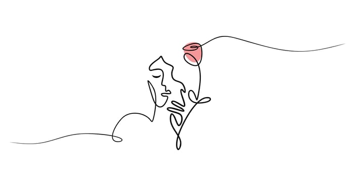Continuous One Line Drawing Abstract Woman Face. Rose Accents Artistic Femininity Nature . vector
