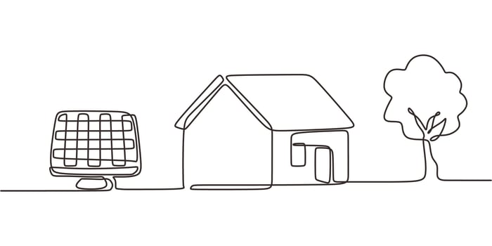 Single Line Drawing Solar Panels House Tree. Renewable Green Living Sustainability . vector