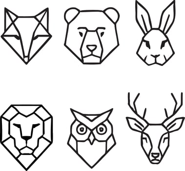 Set of four geometric animal head line art illustrations vector