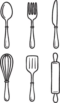 Cutlery line art illustration set vector