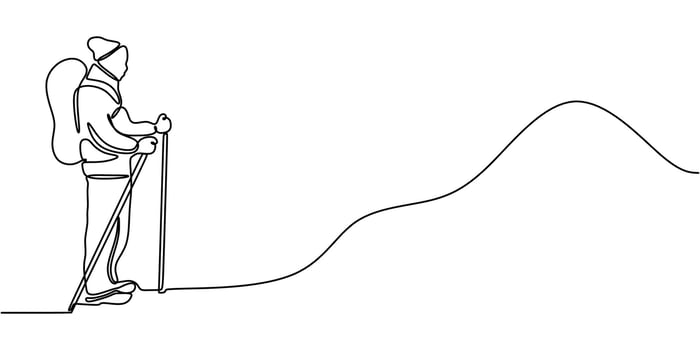 Continuous Line Drawing Mountaineer Backpack Sticks. Outdoor Travel Adventure Minimalist Art. vector