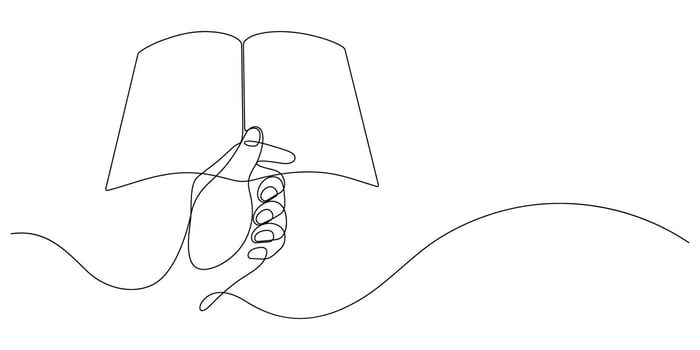 hand holding book open reading concept one line drawing vector