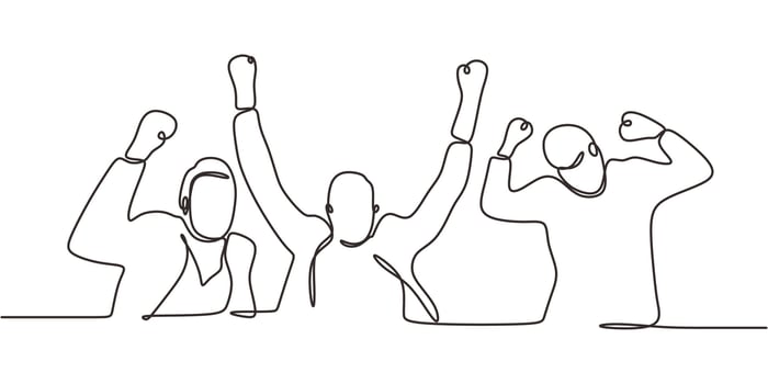 Minimalist Art Group People. Cheering Raised Hands Happiness Excitement. vector