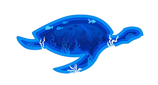 Paper cut turtle silhouette, sea underwater landscape vector