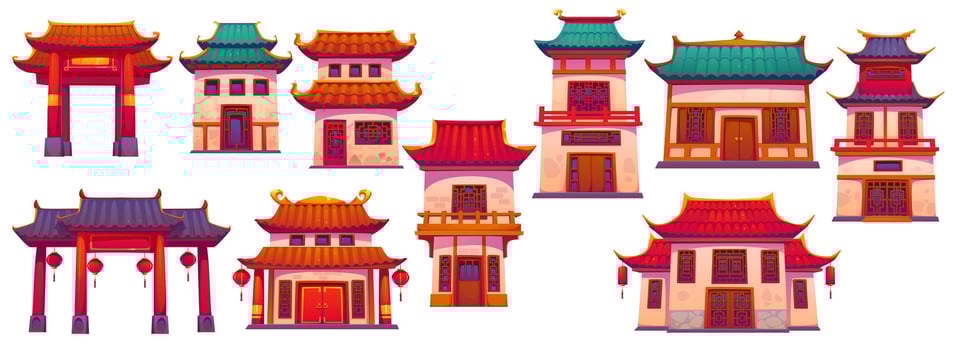 Colorful Asian architecture illustrations vector