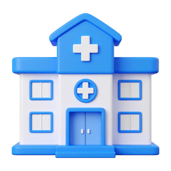 Cute cartoon hospital building, blue and white, on transparent background png