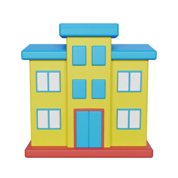 Colorful cartoon building with doors and windows on transparent background png