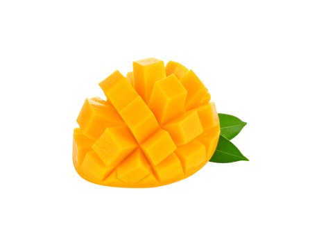 Fresh ripe mango half diced into cubes in a hedgehog style with vibrant yelloworange flesh and two green leaves. png