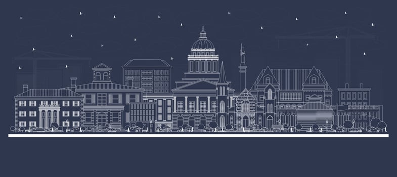 Outline Augusta Maine City Skyline with white Buildings. Business Travel and Tourism Concept with Historic Architecture. Augusta USA Cityscape with Landmarks. vector