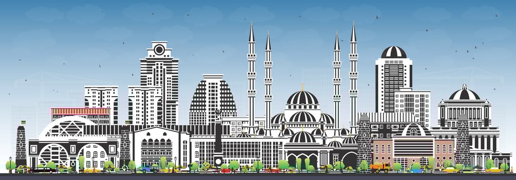 Grozny Russia city skyline with color buildings and blue sky. Grozny cityscape with landmarks. Business travel and tourism concept with modern and historic architecture. vector