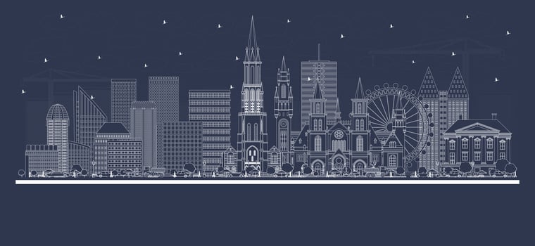Outline The Hague Netherlands City Skyline with white Buildings. Business Travel and Tourism Concept with Historic Architecture. Hague Cityscape with Landmarks. vector
