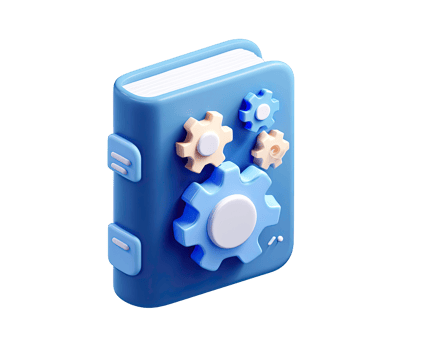Blue 3d book icon with intricate gears and cogs isolated on transparent background png