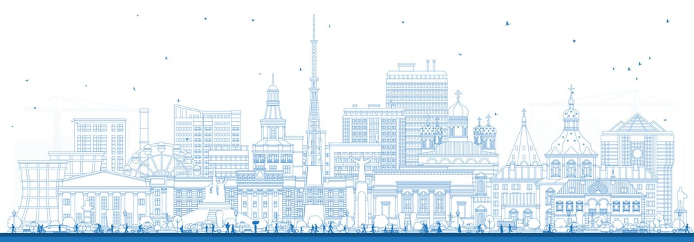 Outline Cheboksary Russia city skyline with blue buildings. Cheboksary cityscape with landmarks. Business travel and tourism concept with modern and historic architecture. vector