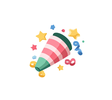 Party popper exploding with confetti stars and streamers isolated on transparent background png