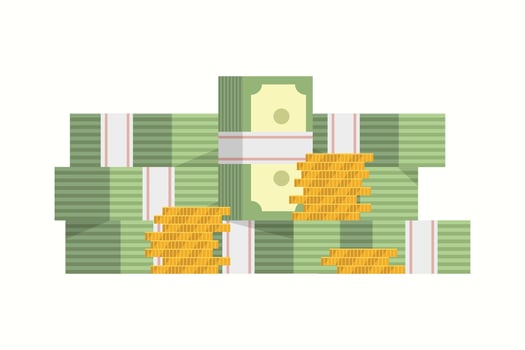 Saving money. US dollars. Currency. Gold coins. Cent. Cash money. Liquid assets. Cash reserves. Banking money. Banknotes. vector