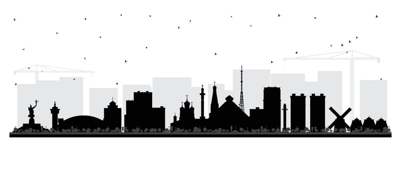 Yakutsk Russia city skyline silhouette with black buildings isolated on white. Yakutsk cityscape with landmarks. Business travel and tourism concept with modern and historic architecture. vector