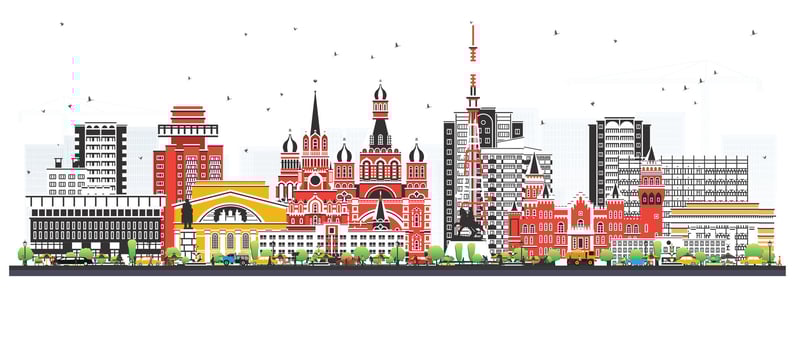 Yoshkar Ola Russia city skyline with color buildings isolated on white. Yoshkar Ola cityscape with landmarks. Business travel and tourism concept with modern and historic architecture. vector