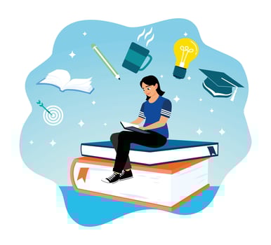 Girl reading on a pile of books vector