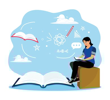 Student reading book with educational graphics vector