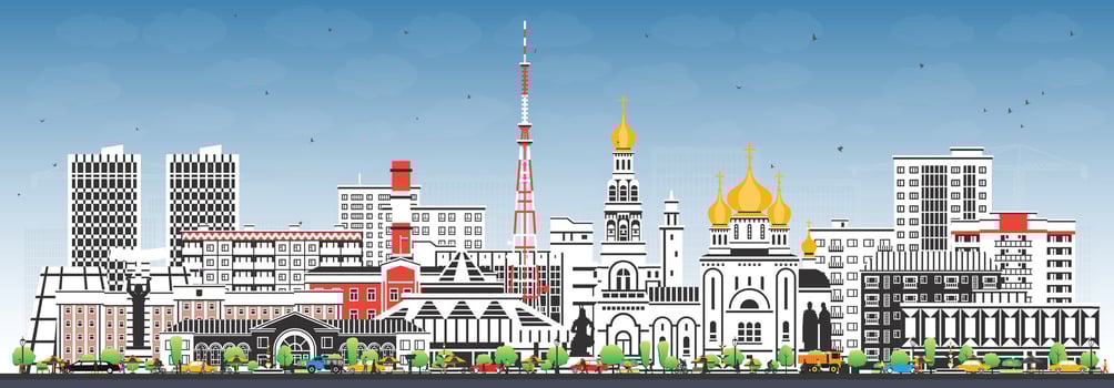 Abakan Russia city skyline with color buildings and blue sky. Abakan cityscape with landmarks. Business travel and tourism concept with modern and historic architecture. vector