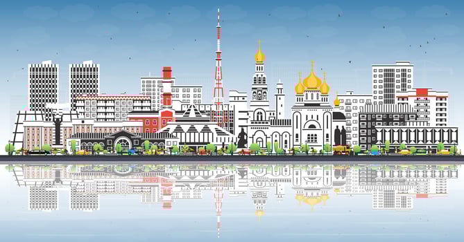 Abakan Russia city skyline with color buildings, blue sky and reflections. Abakan cityscape with landmarks. Business travel and tourism concept with modern and historic architecture. vector