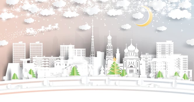 Abakan. Russia. Winter city skyline in paper cut style with snowflakes, moon and neon garland. Christmas and new year. Santa Claus on sleigh. Abakan cityscape with landmarks. Illustration. vector