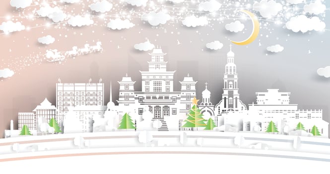 Kyzyl. Russia. Winter city skyline in paper cut style with snowflakes, moon and neon garland. Christmas and new year. Santa Claus on sleigh. Kyzyl cityscape with landmarks. vector