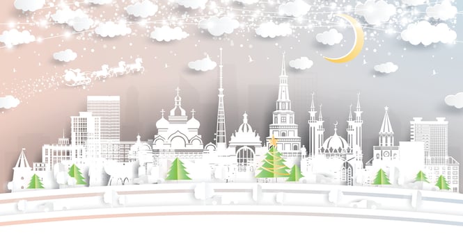 Kazan. Russia. Winter city skyline in paper cut style with snowflakes, moon and neon garland. Christmas and new year concept. Santa Claus on sleigh. Kazan cityscape with landmarks. vector