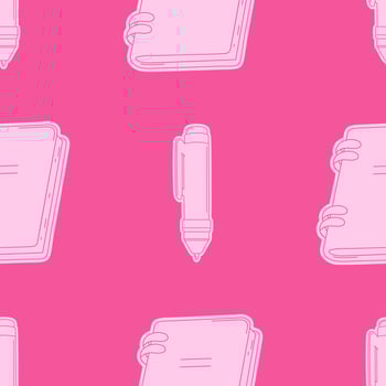 Seamless pattern with hand drawn pink notebooks and pens. Perfect for stationery, school, crafts, and creative projects. vector