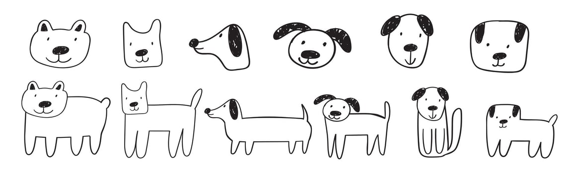 Set of hand drawn dogs. Outline design. Cute animals. illustrations on white background. vector