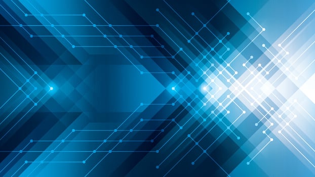 Abstract Circuit Lines and Dots background, Triangle Arrow shapes design. Modern Geometric blue triangles background. Digital Technology Futuristic Concept ideas vector