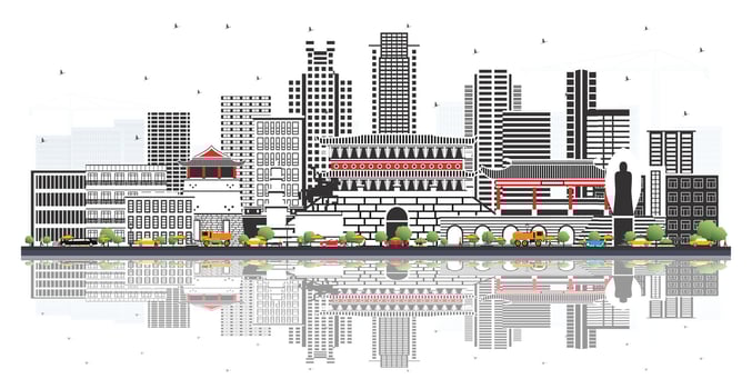 Suwon South Korea City Skyline with Color Buildings Isolated on White. Illustration. Business Travel and Tourism Concept with Historic and Modern Architecture. Suwon Cityscape with Landmarks. vector