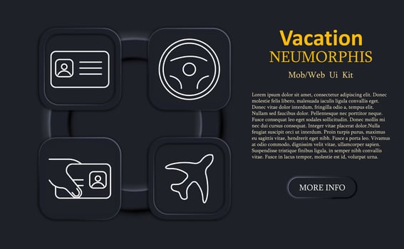 Vacation set icon. Identification card, steering wheel, person handing card, and airplane drawn in outline on dark neumorphic UI for travel verification themes vector