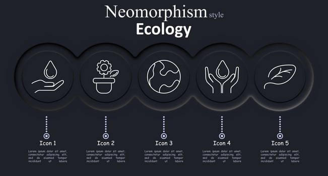 Ecology set icon. Outlined hand with water drop, flowerpot, planet, hands holding water, and leaf icon arranged in neumorphism style on dark background vector