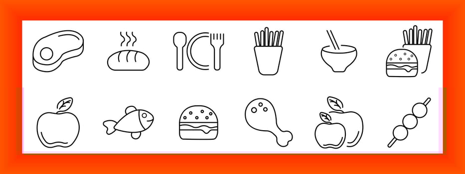 Food set icon. Meat, bread, fish, apple, fries, chopsticks, burger, chicken leg, skewer, and cutlery represented with thin outlined shapes for cuisine and meal visuals. vector